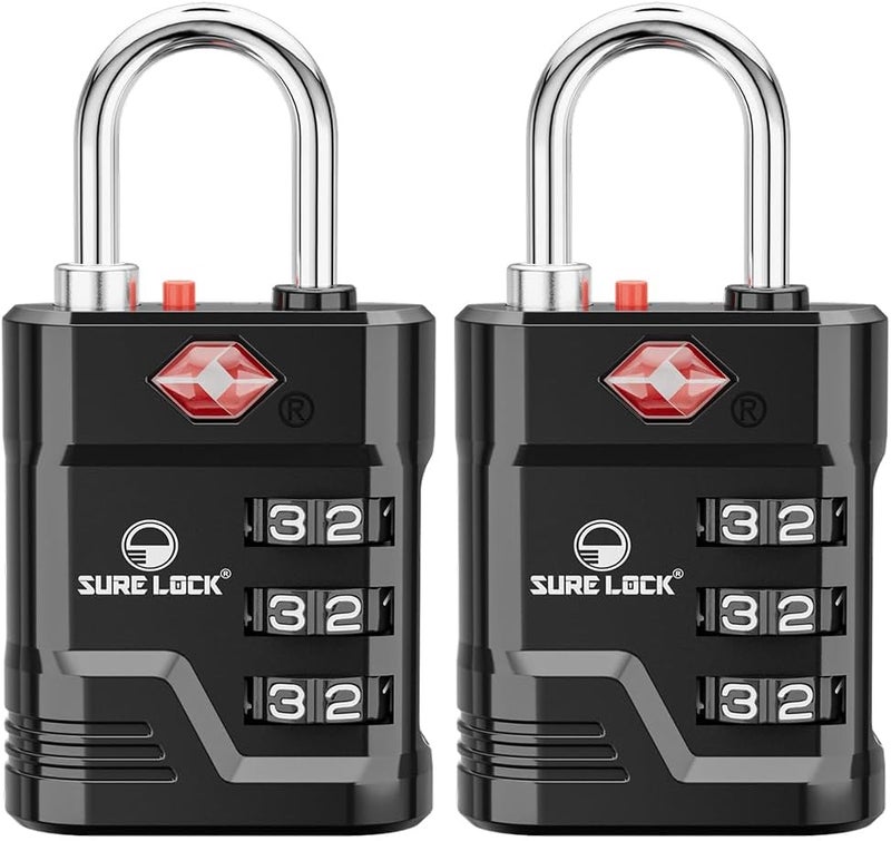 SURE LOCK أقفال TSA للأمتعة، أقفال أمتعة معتمدة من TSA مع تنبيه فتح، مفتاح 008 لأمان عالي، أقراص قراءة سهلة، جسم من سبائك الزنك، قفل خزانة للحقائب، صالة رياضية، سفر. (أسود 2 حزمة) - Image 1